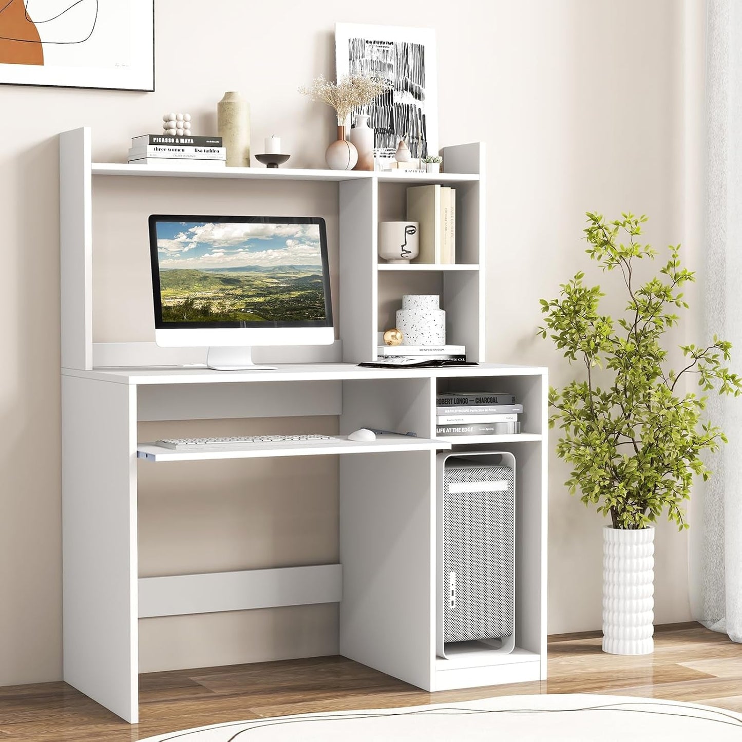 White Desk With Hutch And Charging Station For Home Office