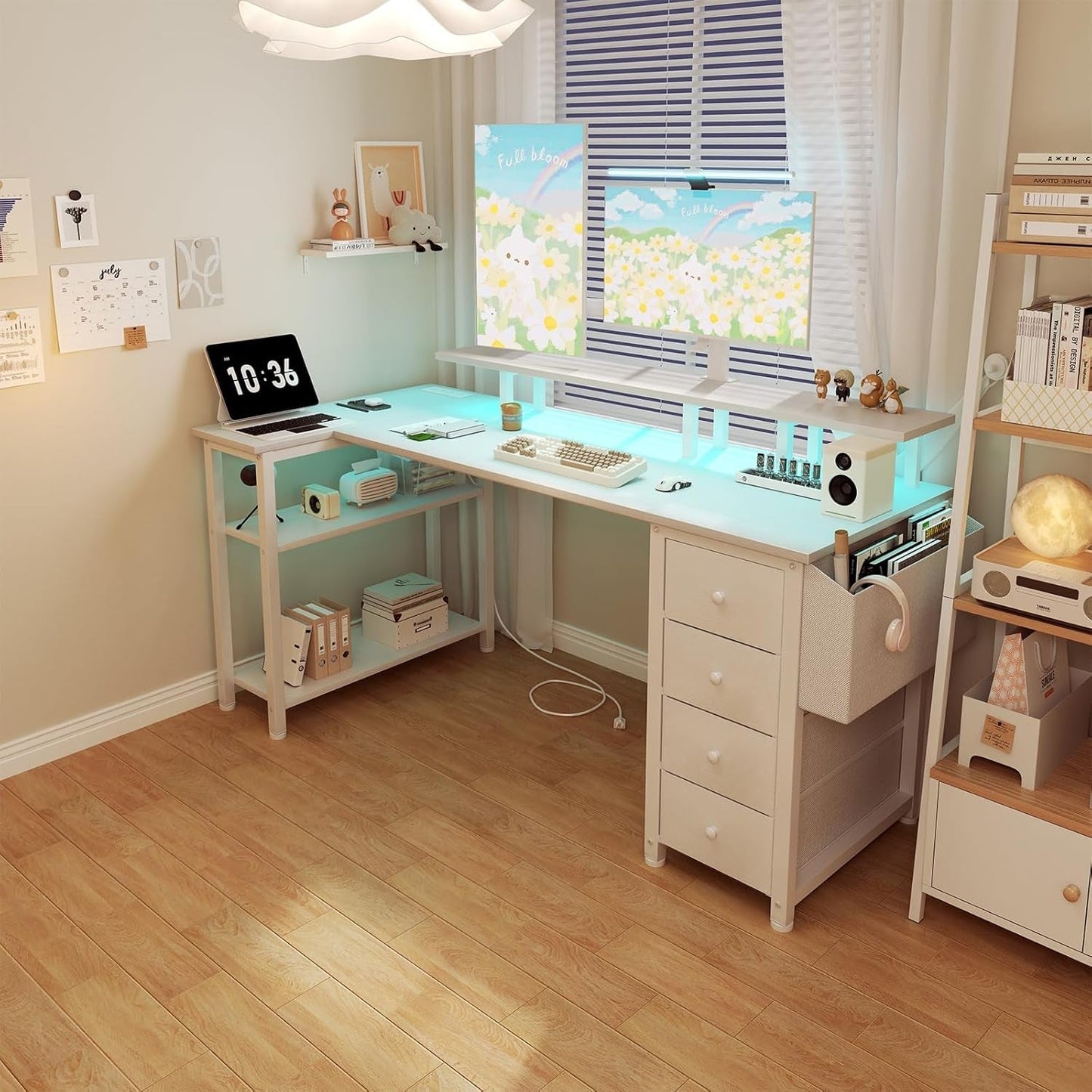 White L Shaped Desk With Monitor Stand 55 Inch LED Lighting