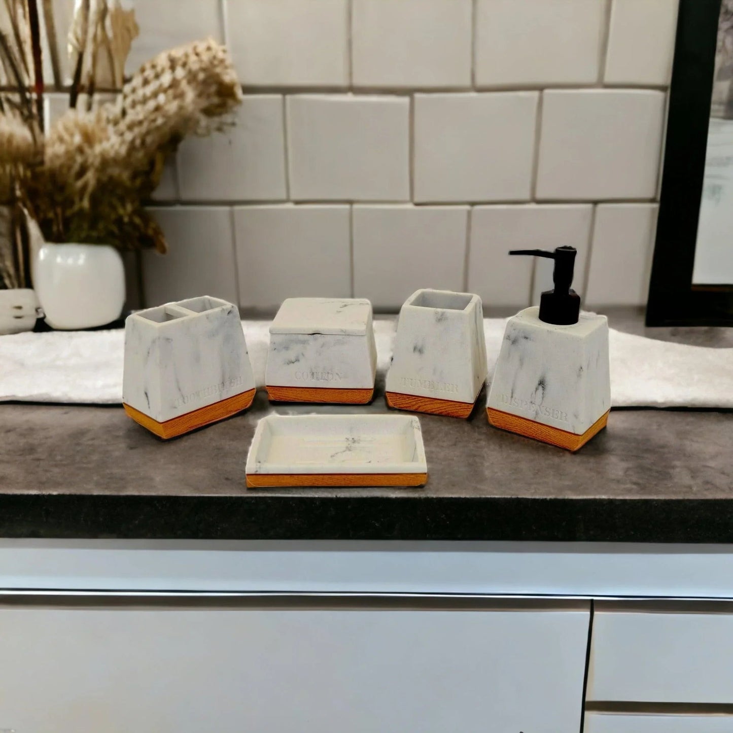 White Marble Bathroom Set with Wood Base