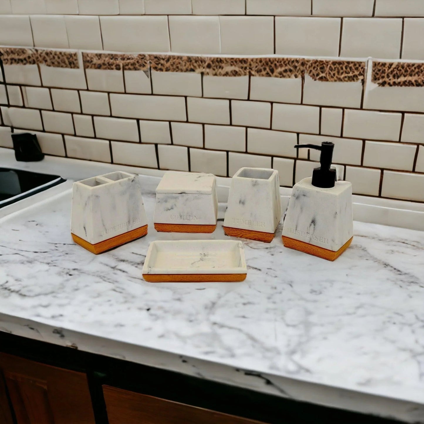 White Marble Bathroom Set with Wood Base