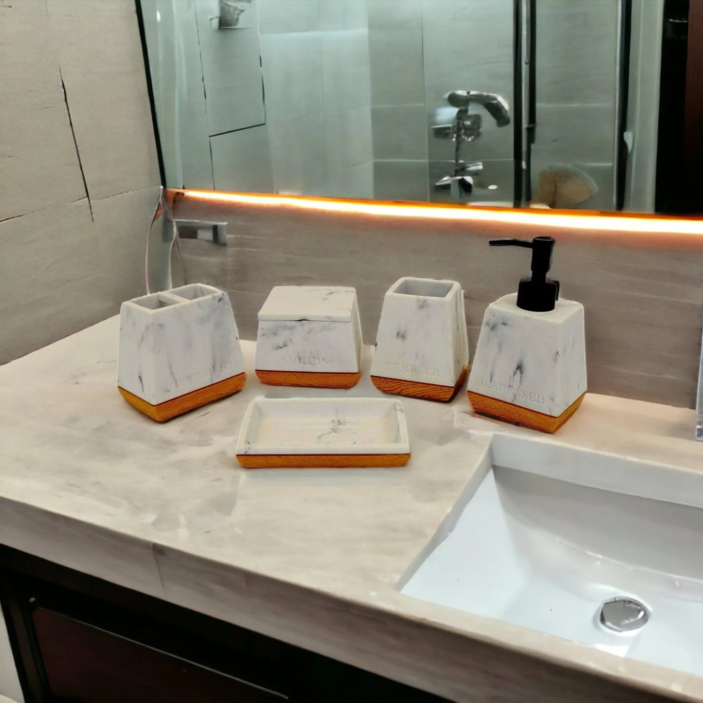 White Marble Bathroom Set with Wood Base