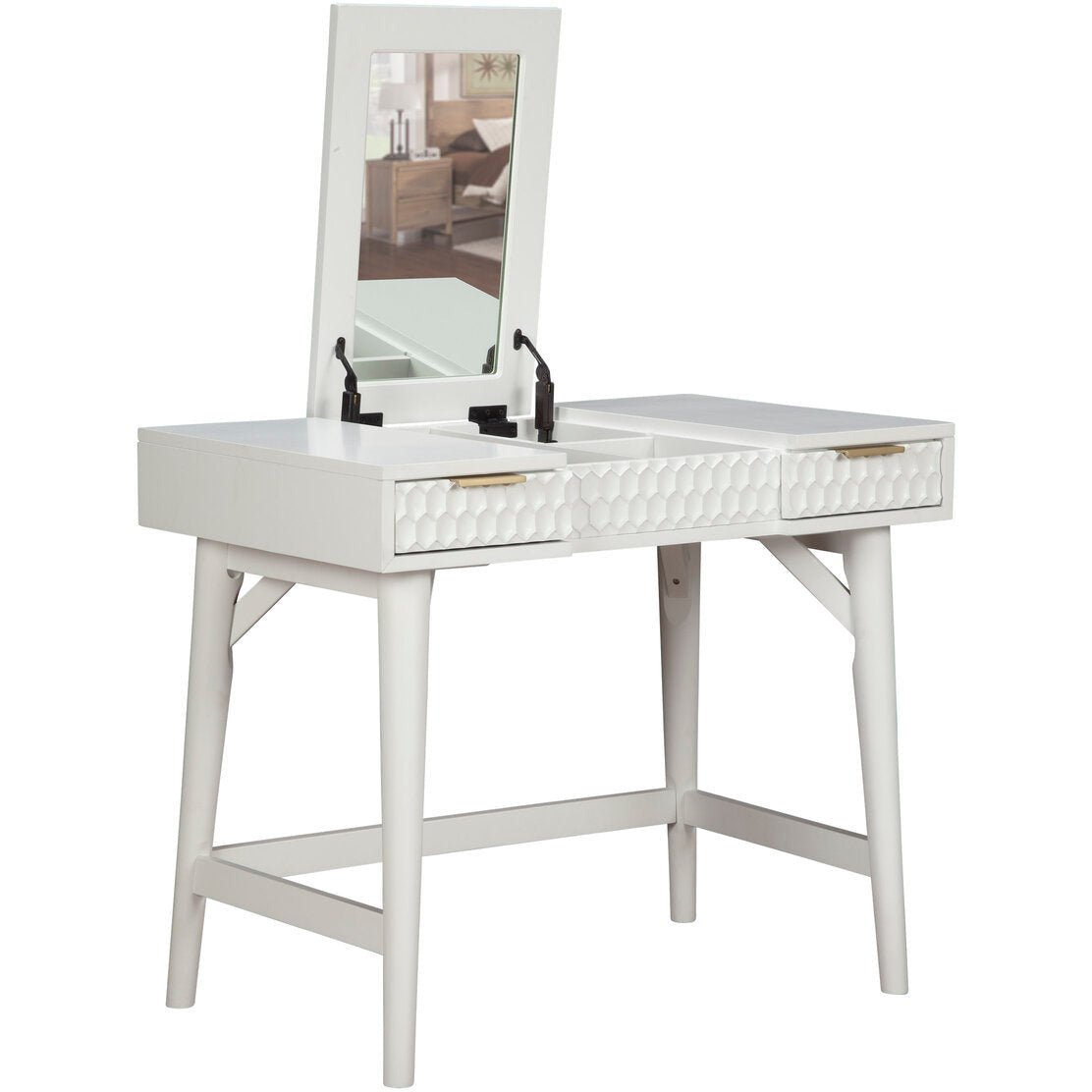 White Pearl Bedroom Vanity Desk with a textured drawer front and a simple mirror, showcasing clean lines and modern style.