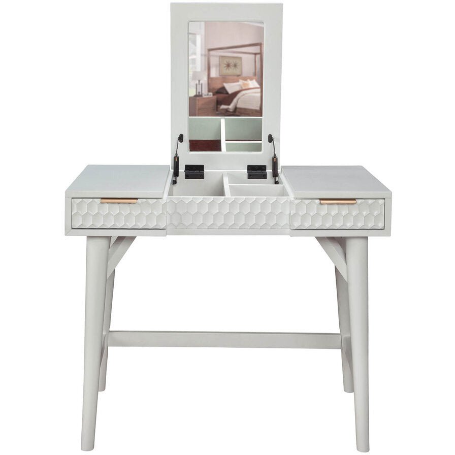 White Pearl Bedroom Vanity Desk featuring textured drawer and mirror, ideal for contemporary bedroom decor.