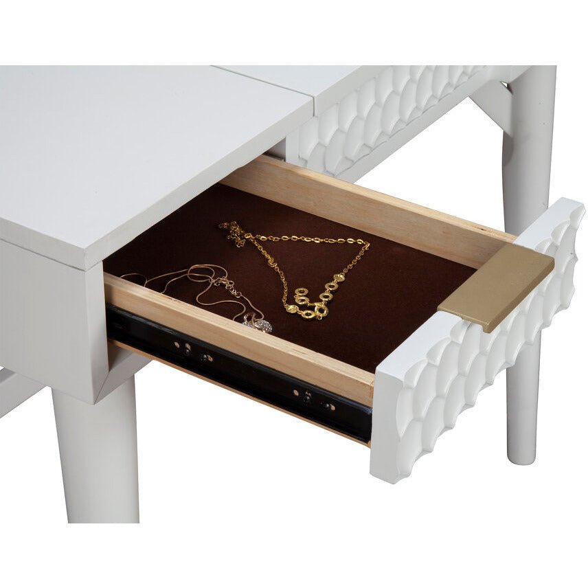 White Pearl Bedroom Vanity Desk drawer open showing jewelry and elegant storage design.