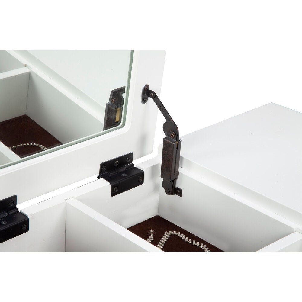 Interior view of the White Pearl Bedroom Vanity Desk showcasing intricate drawer mechanism and storage compartments.