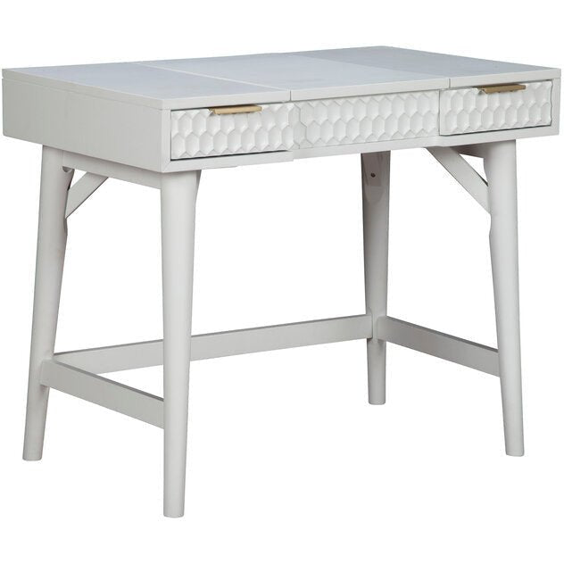 White Pearl Bedroom Vanity Desk with textured drawer fronts and clean lines, perfect for a contemporary bedroom.