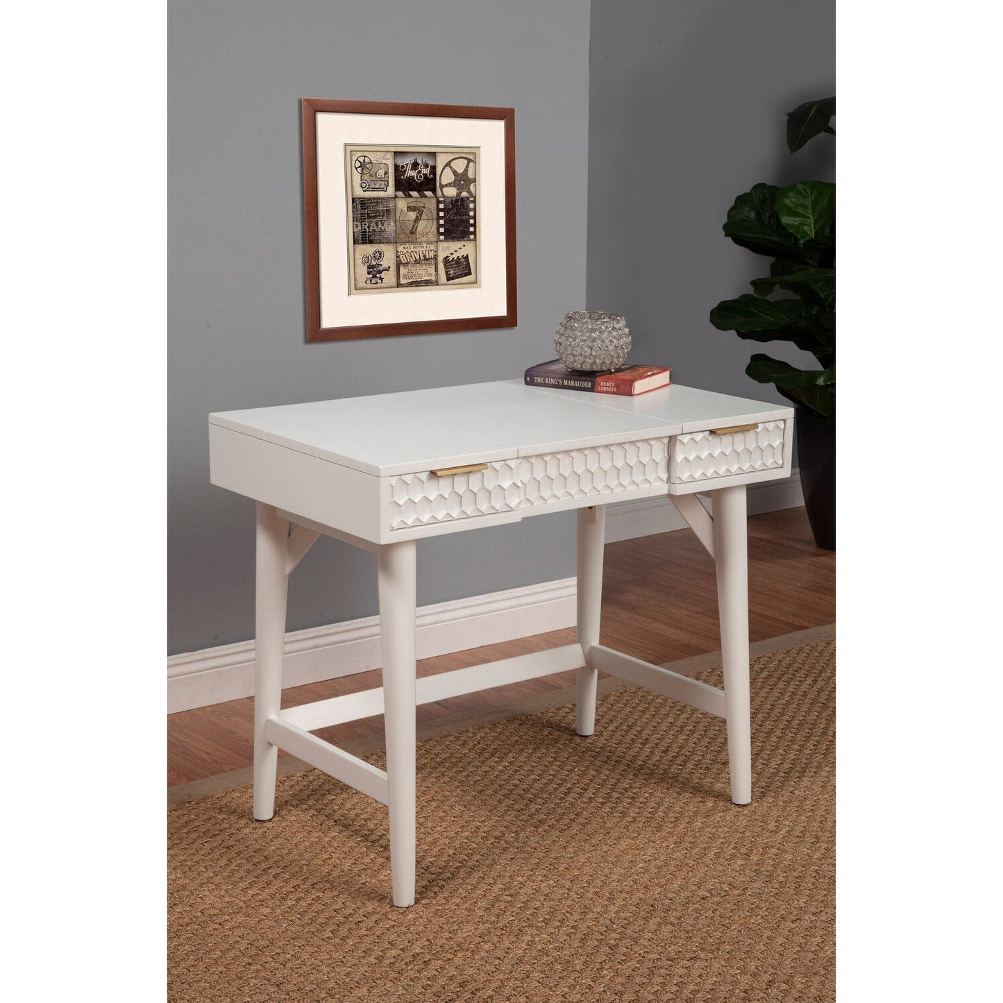 White Pearl Bedroom Vanity Desk featuring textured drawers and clean design in a modern home setting.