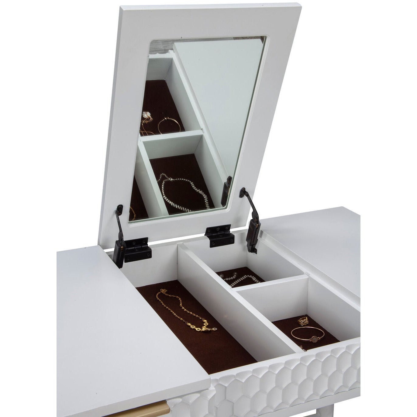 White Pearl Bedroom Vanity Desk with open mirror showcasing organized jewelry compartments.