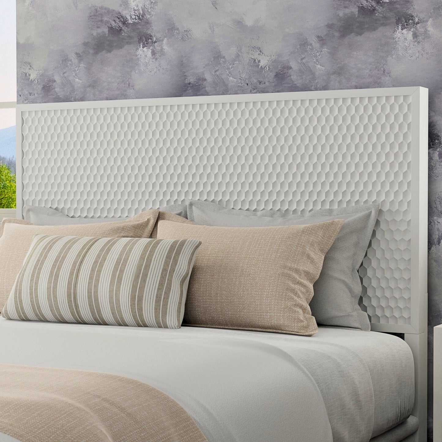 White Pearl Headboard in a modern bedroom featuring textured design and soft bedding.