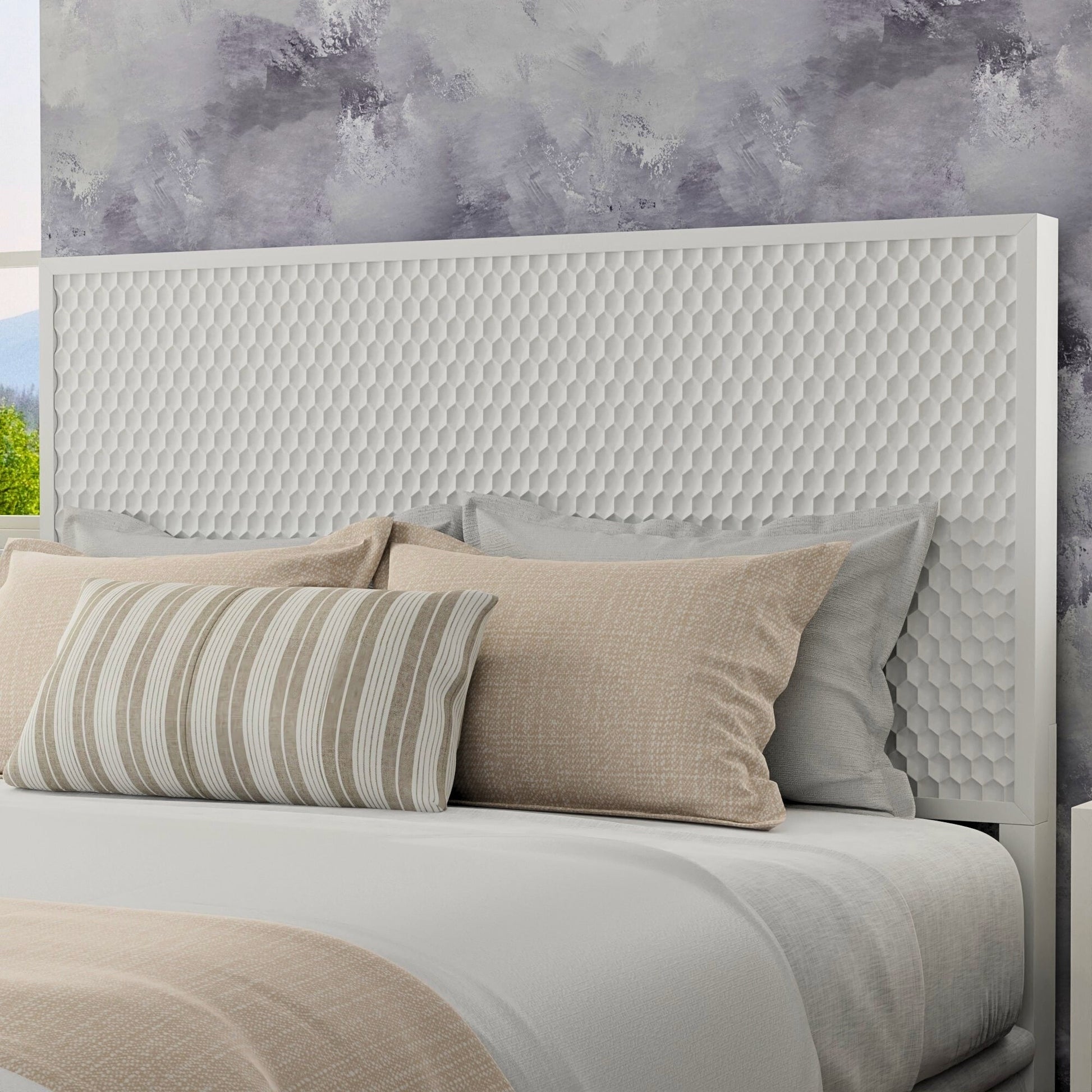 White Pearl Headboard in a modern bedroom featuring textured design and soft bedding.