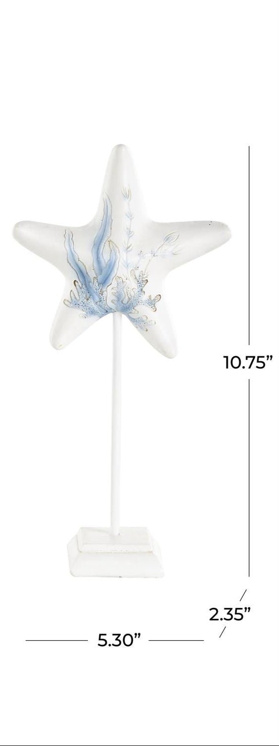 White Polystone Sea Life Shell and Starfish Decorative Sculpture with Blue Coral Patterns