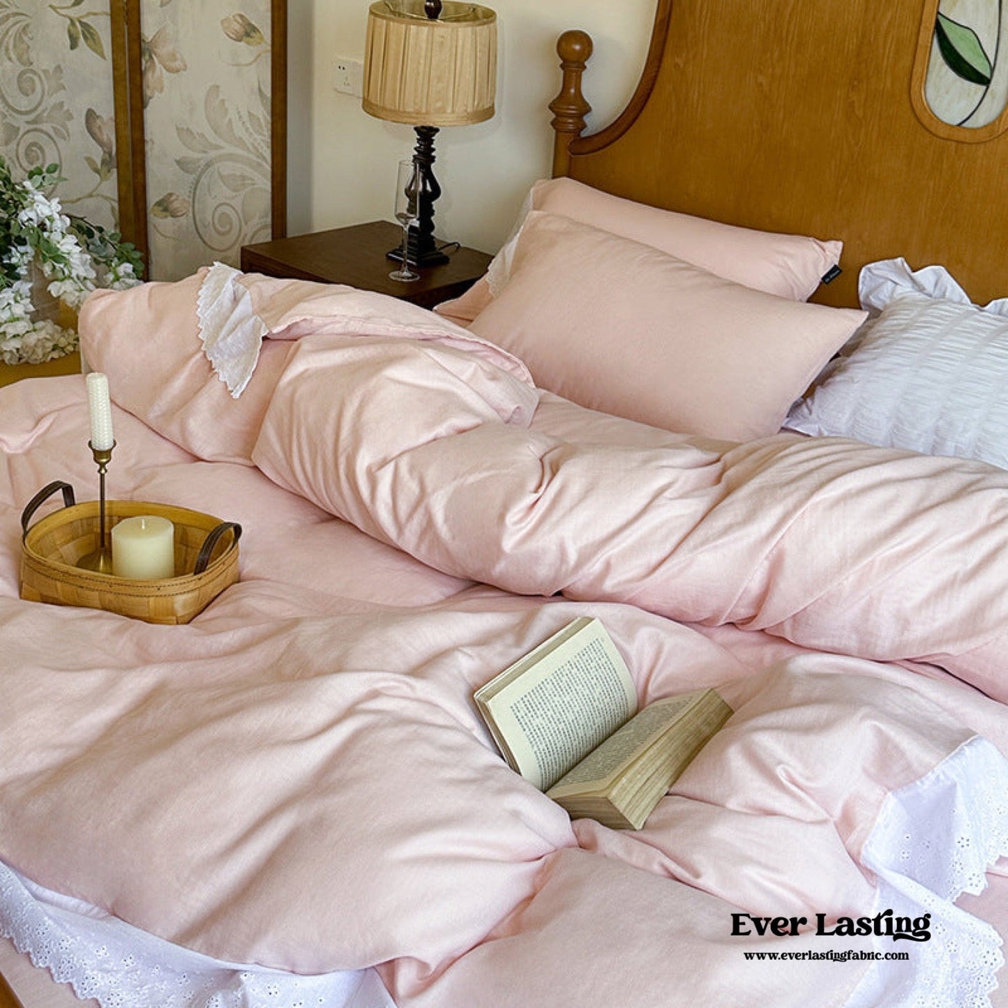 White Ruffle Lace Bedding Set / Blue