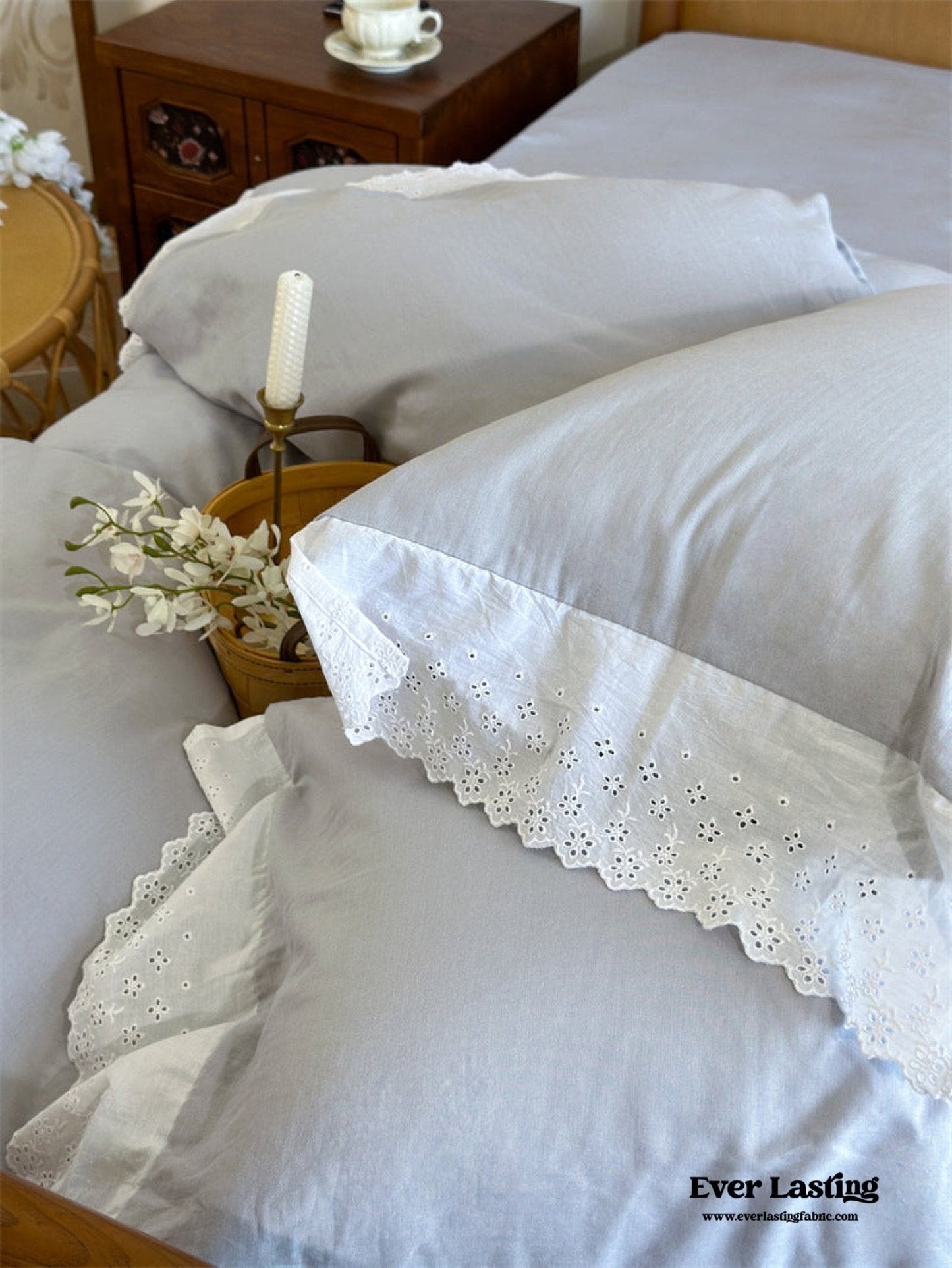 White Ruffle Lace Bedding Set / Blue