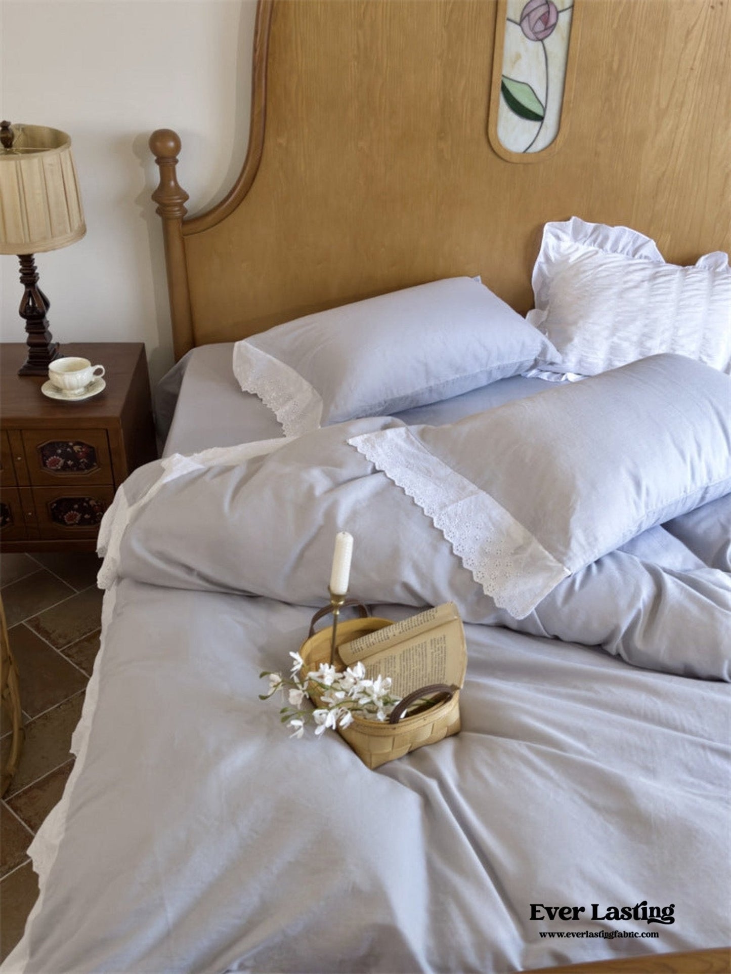 White Ruffle Lace Bedding Set / Blue