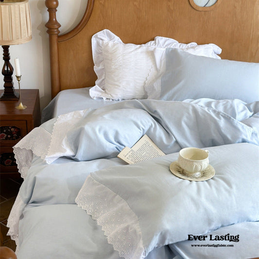 White Ruffle Lace Bedding Set / Blue