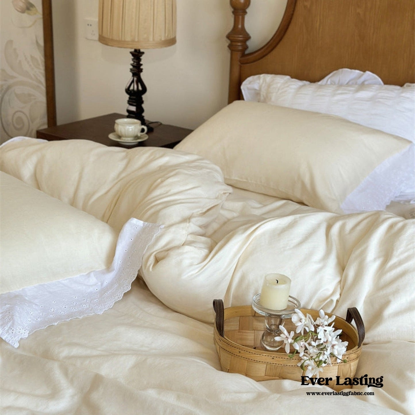 White Ruffle Lace Bedding Set / Blue