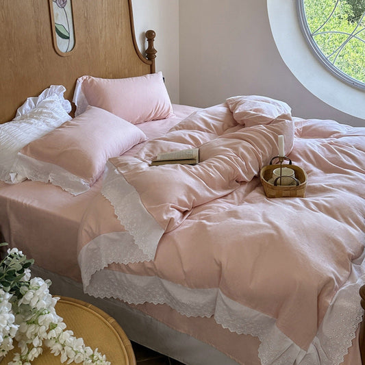 White Ruffle Lace Bedding Set / Pink