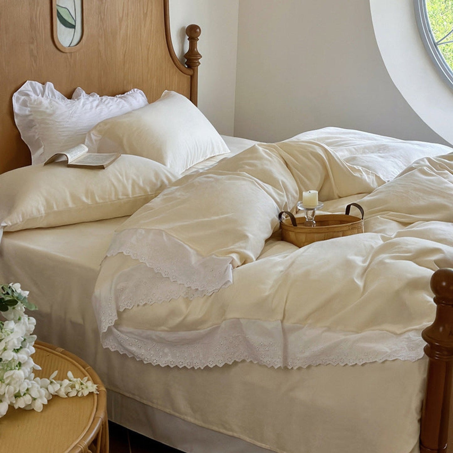 White Ruffle Lace Bedding Set / Pink