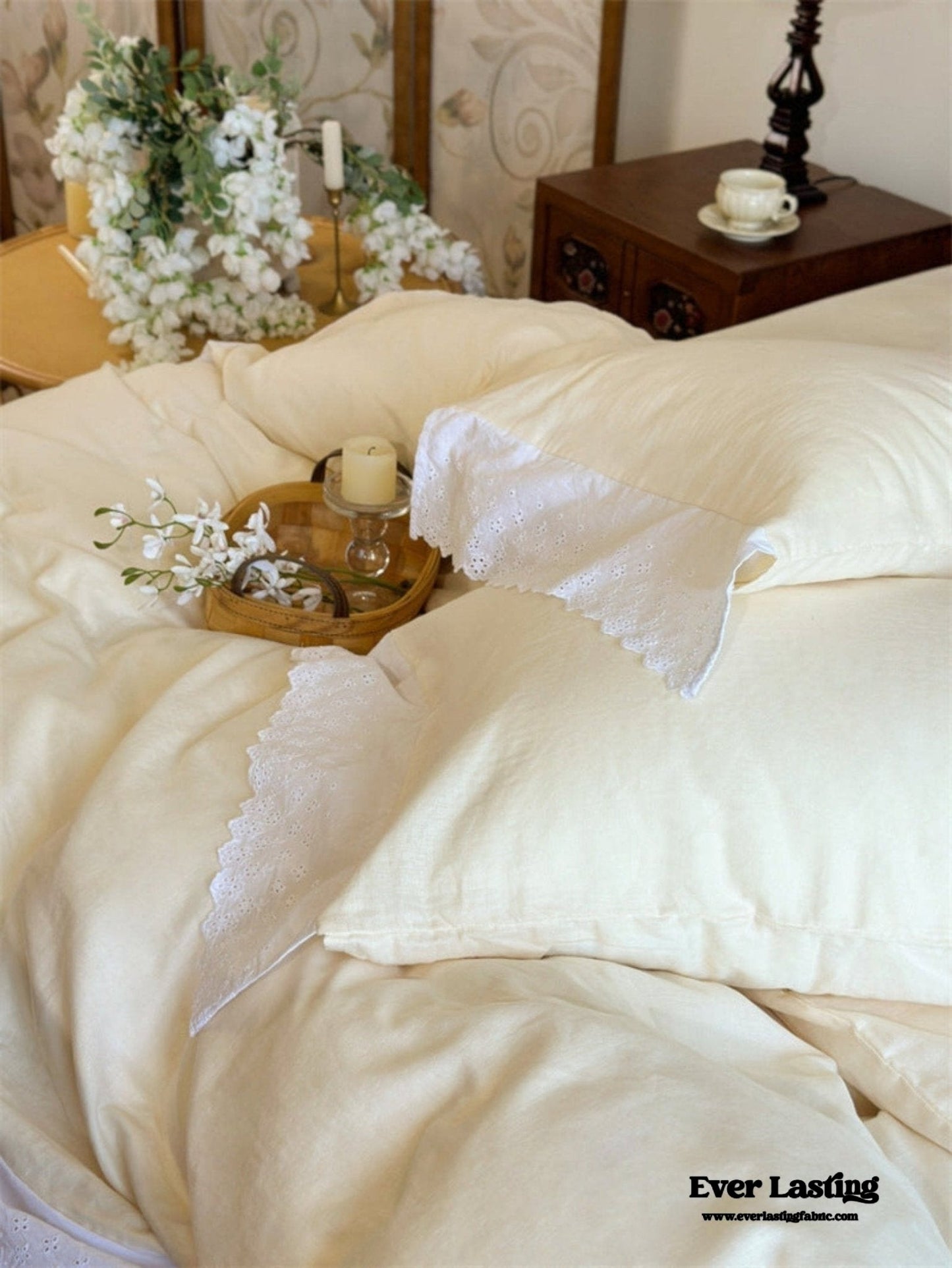 White Ruffle Lace Bedding Set / Purple