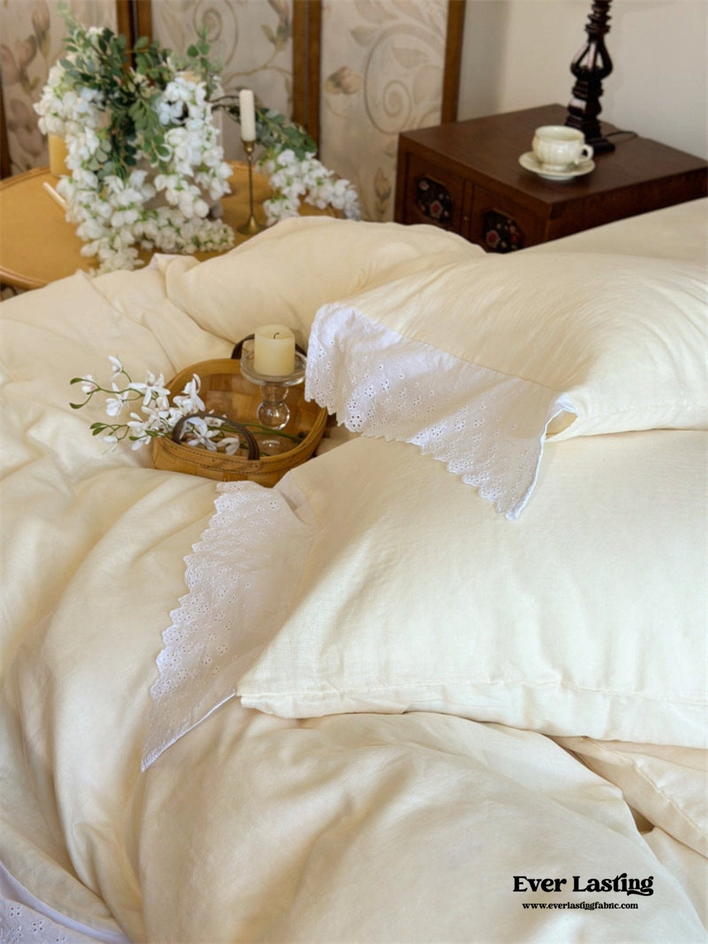 White Ruffle Lace Bedding Set / Yellow