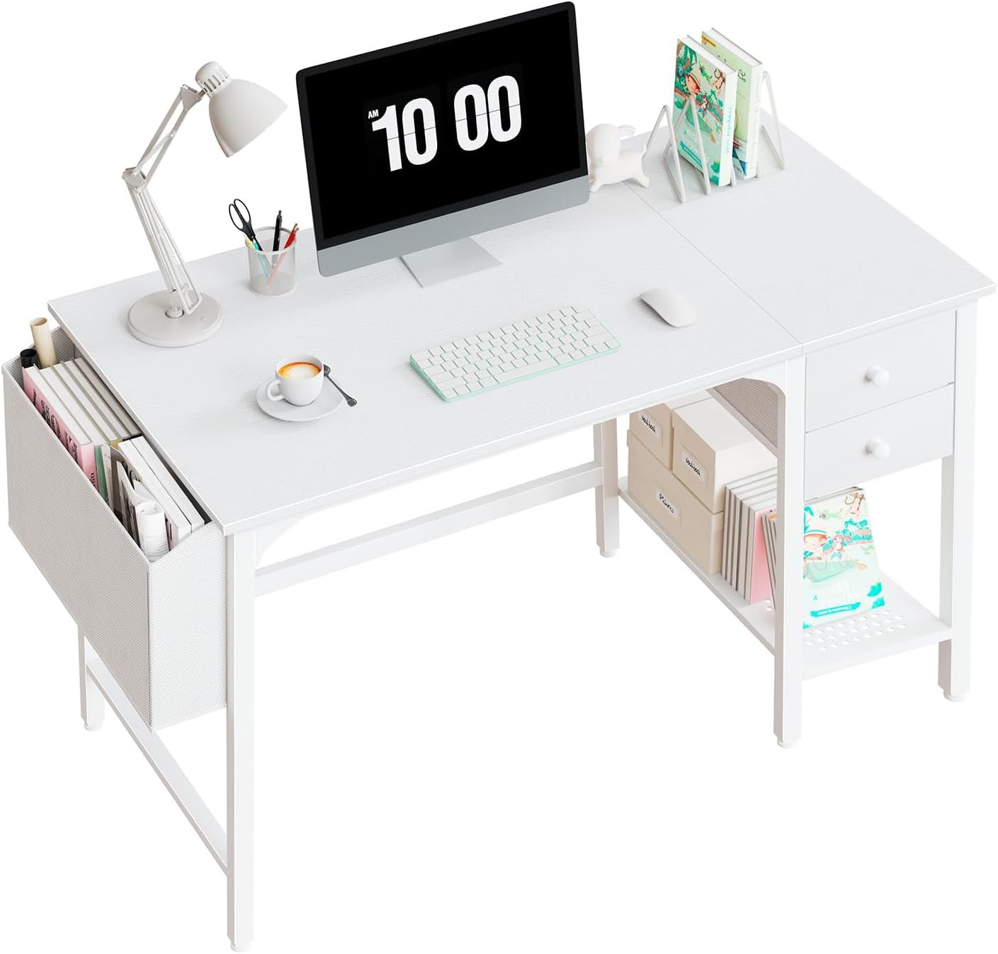White 40 Inch Computer Desk With Drawers For Small Space Home Office