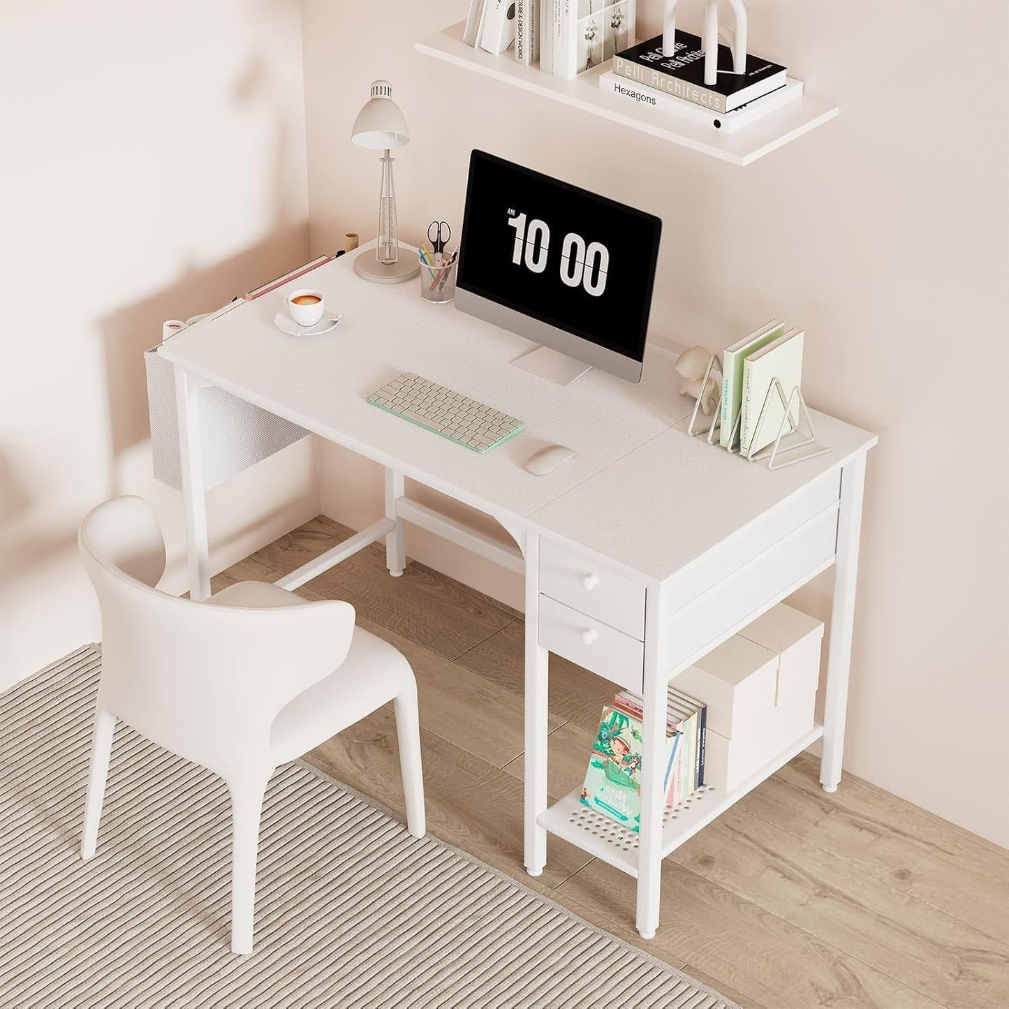 White 40 Inch Computer Desk With Drawers For Small Space Home Office