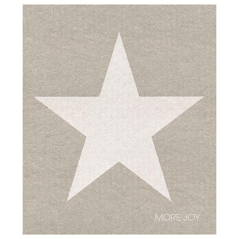 White Star Swedish Dishcloth featuring a grey background with a large white star design and the words 'MORE JOY'.