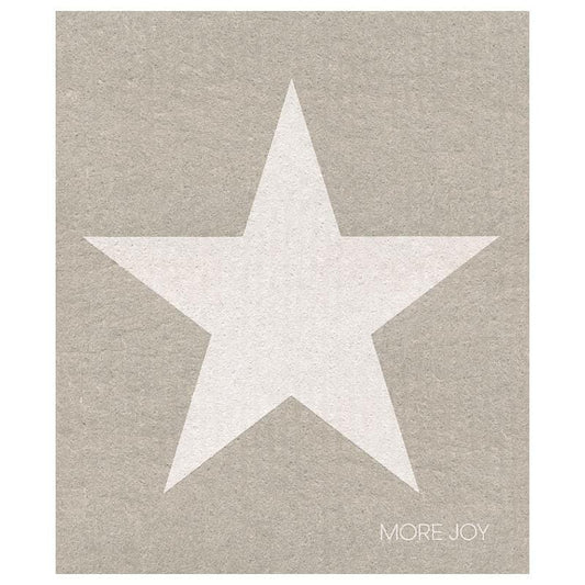 White Star Swedish Dishcloth featuring a grey background with a large white star design and the words 'MORE JOY'.