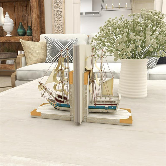 White Wood Sail Boat Decorative Bookends