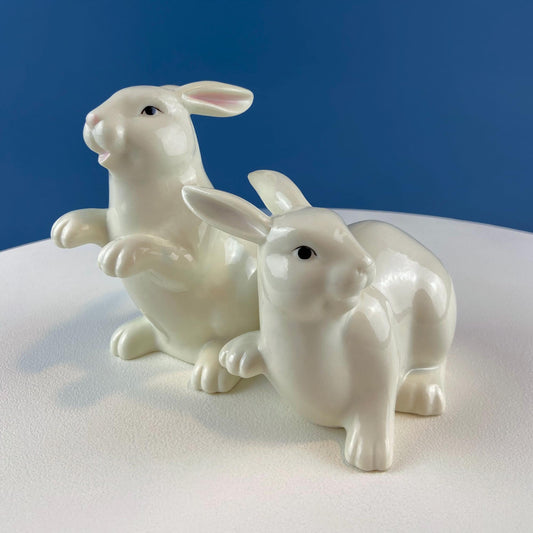Couple of White Bunnies. Porcelain Rabbit Figurines. Set of 2. Home Dining Room Table Decor. Kids Room. Easter/Spring Celebration.
