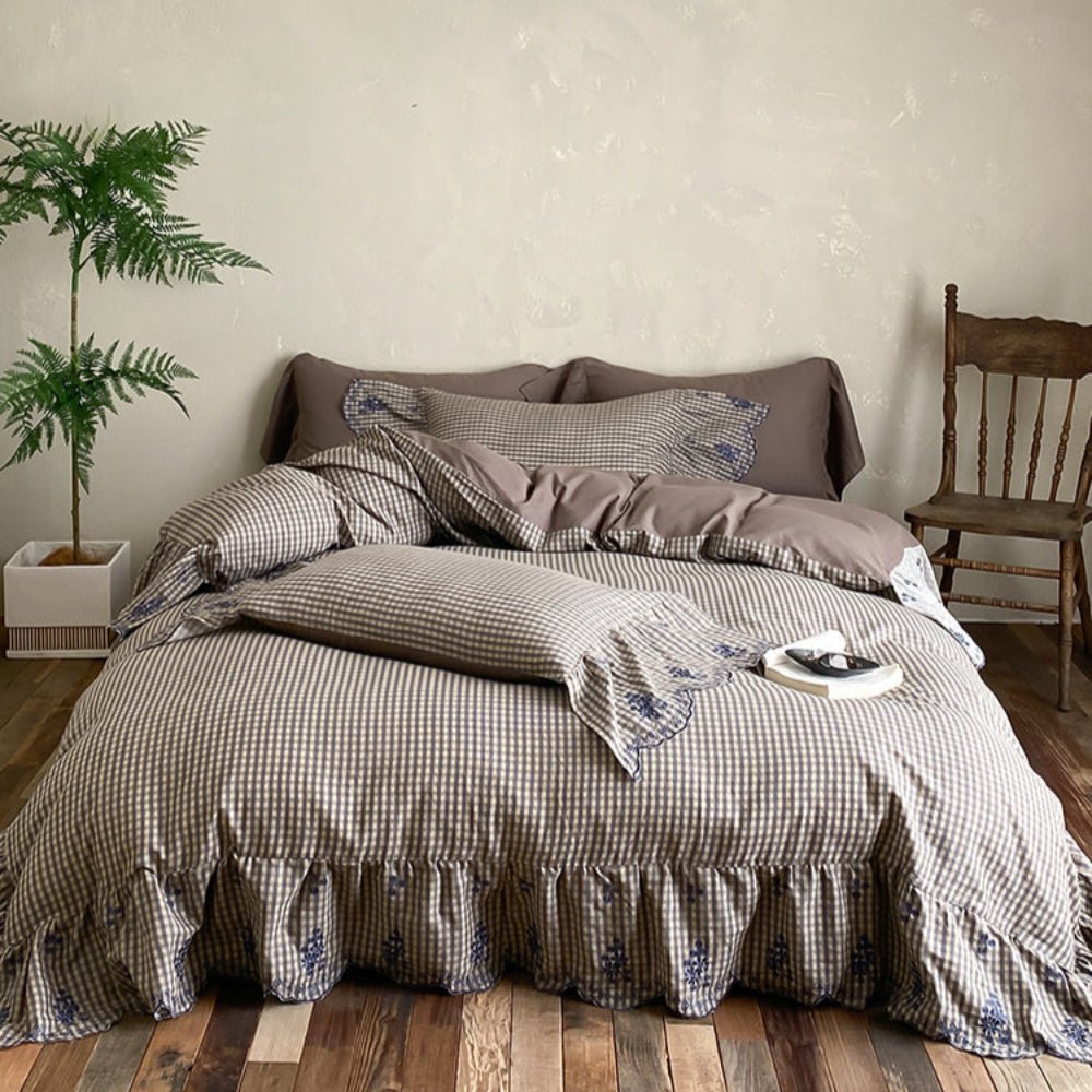 Willa Retro Double Gauze Gingham Bedding Set / Brown