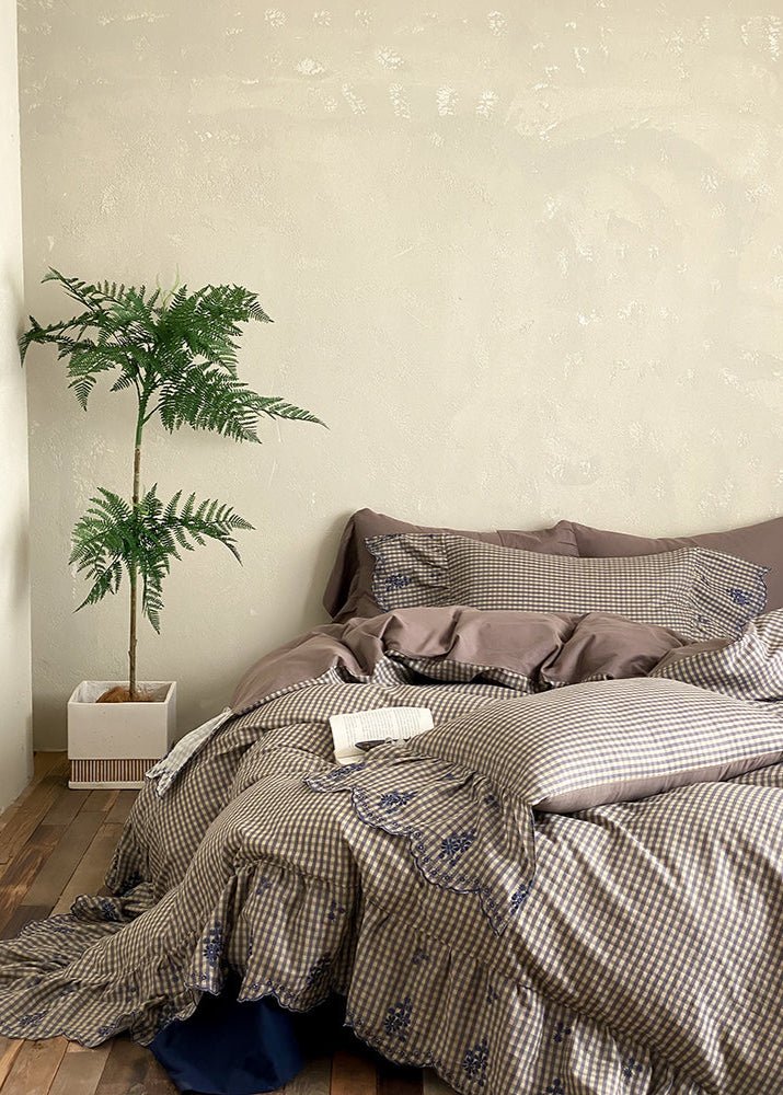 Willa Retro Double Gauze Gingham Bedding Set / Brown