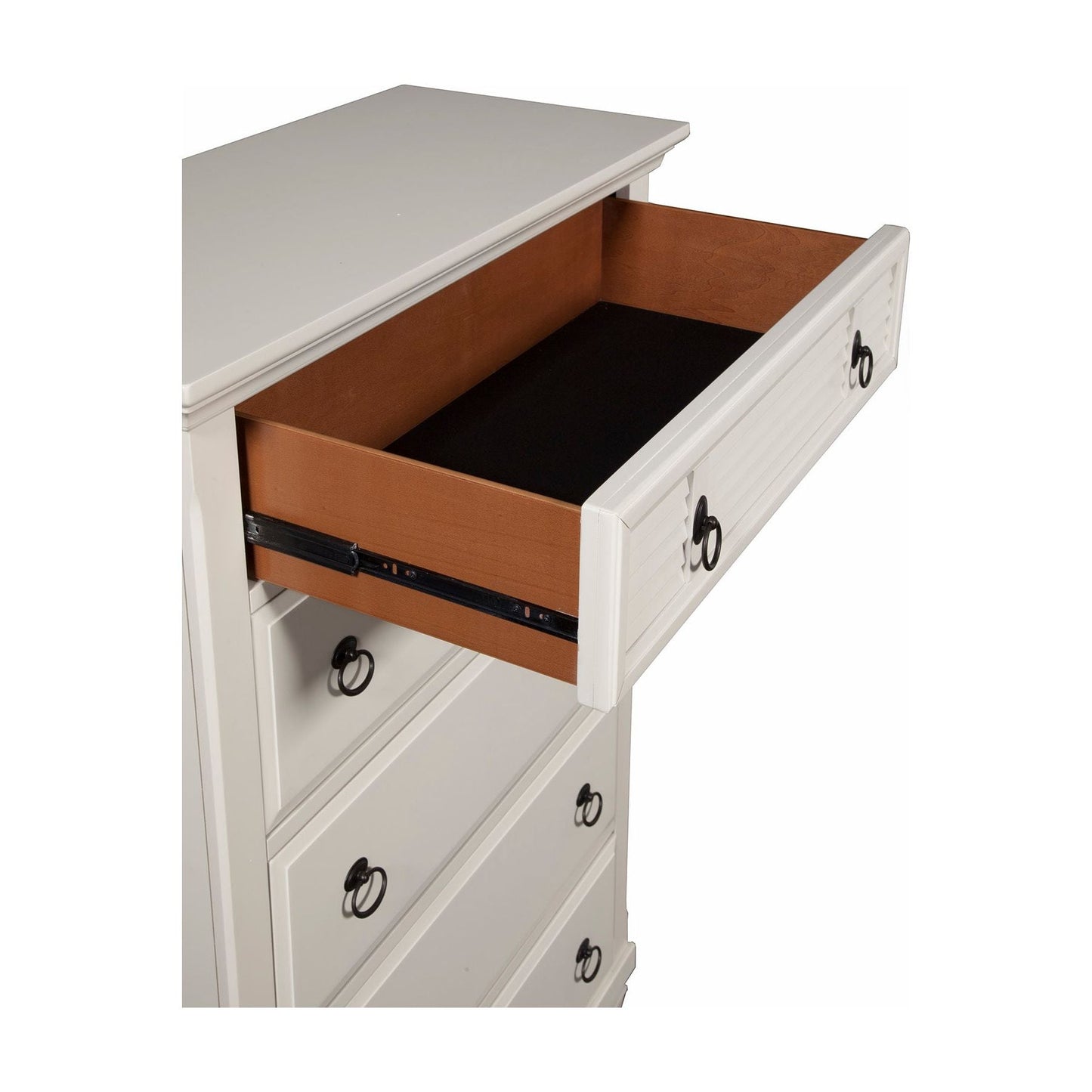 Open drawer of Winchester Chest in white finish, showcasing eco-friendly pine wood construction and traditional design.