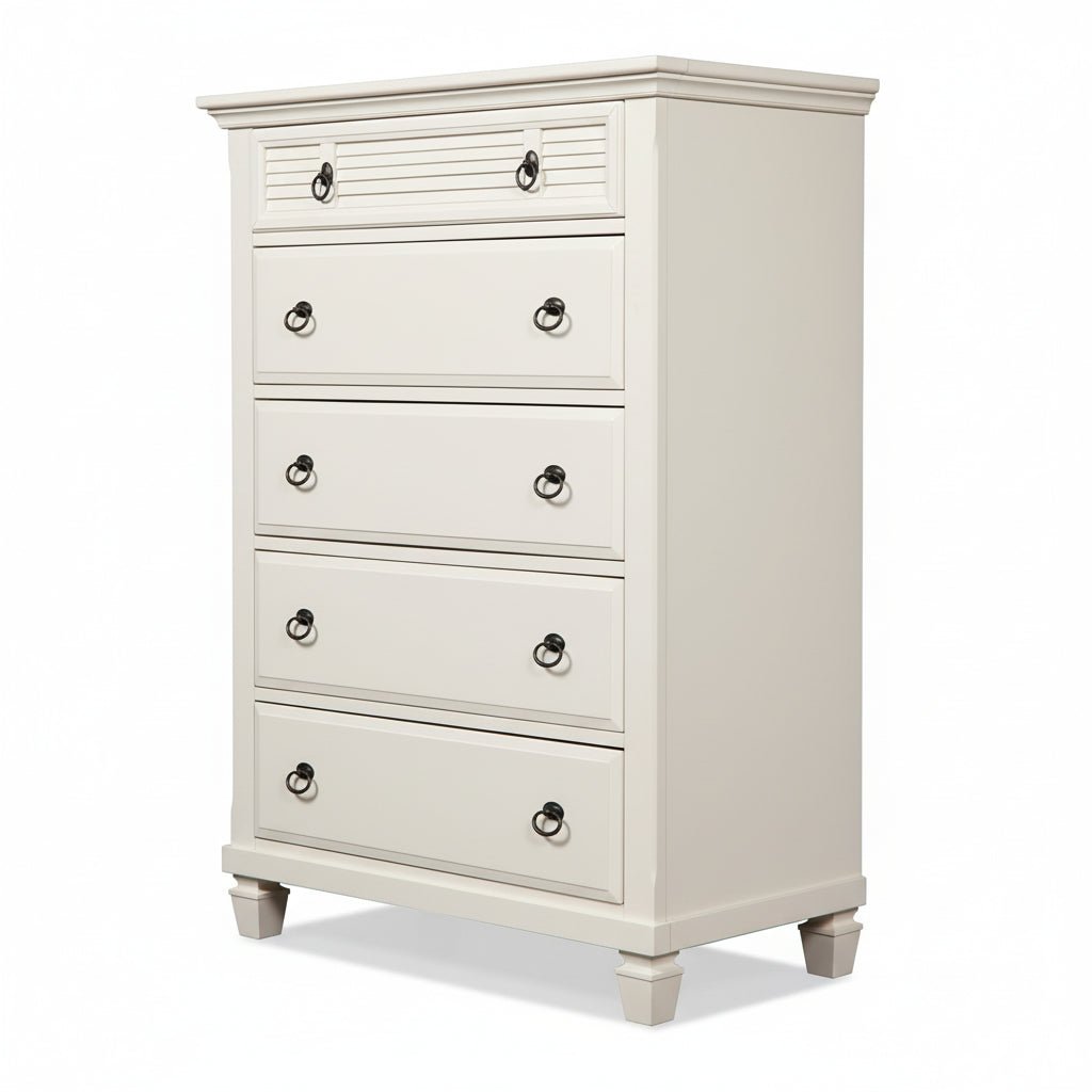Winchester Chest in white finish featuring five storage drawers and a classic design.