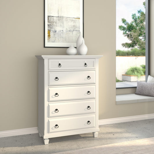 Winchester Chest in white finish displaying five drawers, perfect for modern and traditional decor.