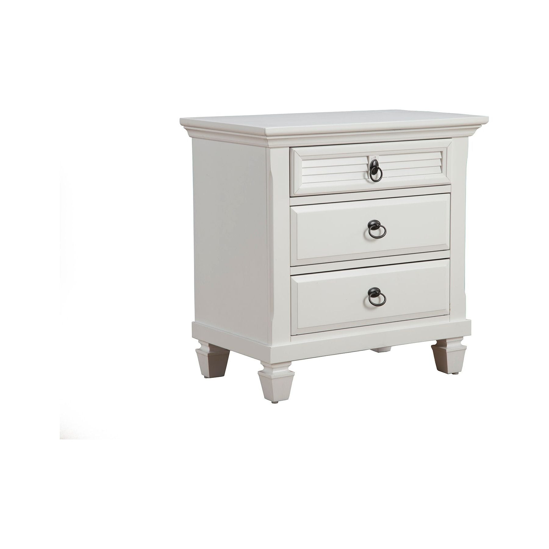 Winchester Nightstand in white featuring three drawers and stylish ring-style handles.