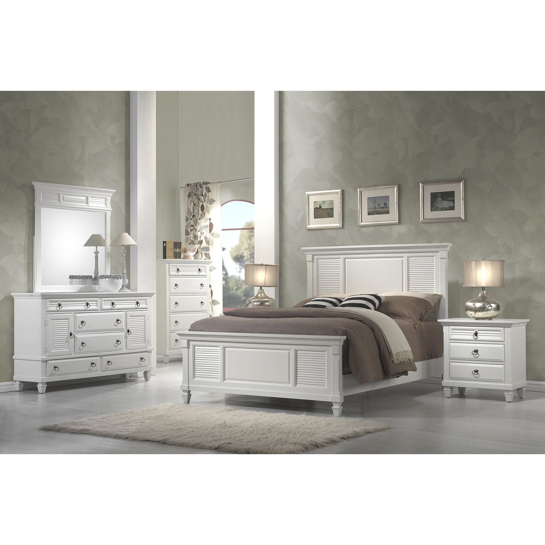 Winchester Nightstand in a stylish bedroom setting with matching bed and dresser in white.