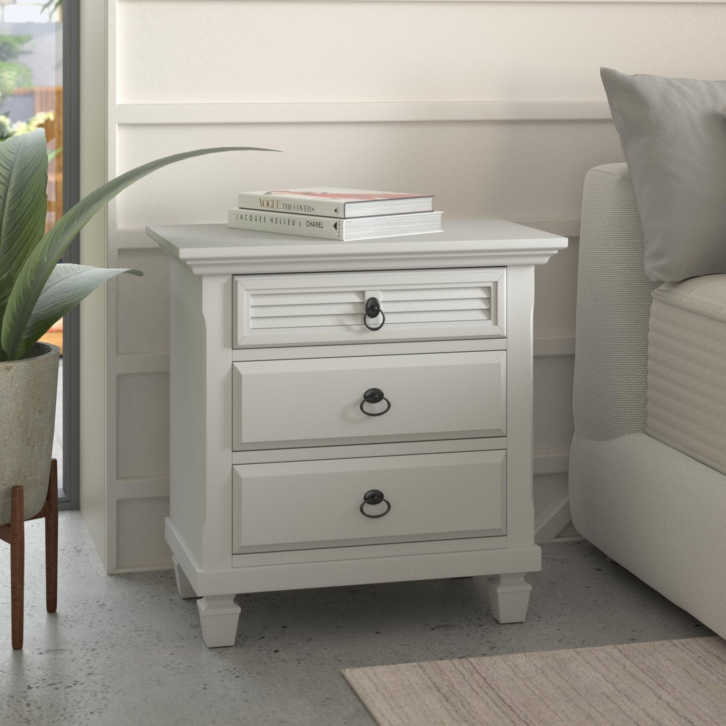 Winchester Nightstand with three drawers, featuring a white finish and classic ring-style handles.