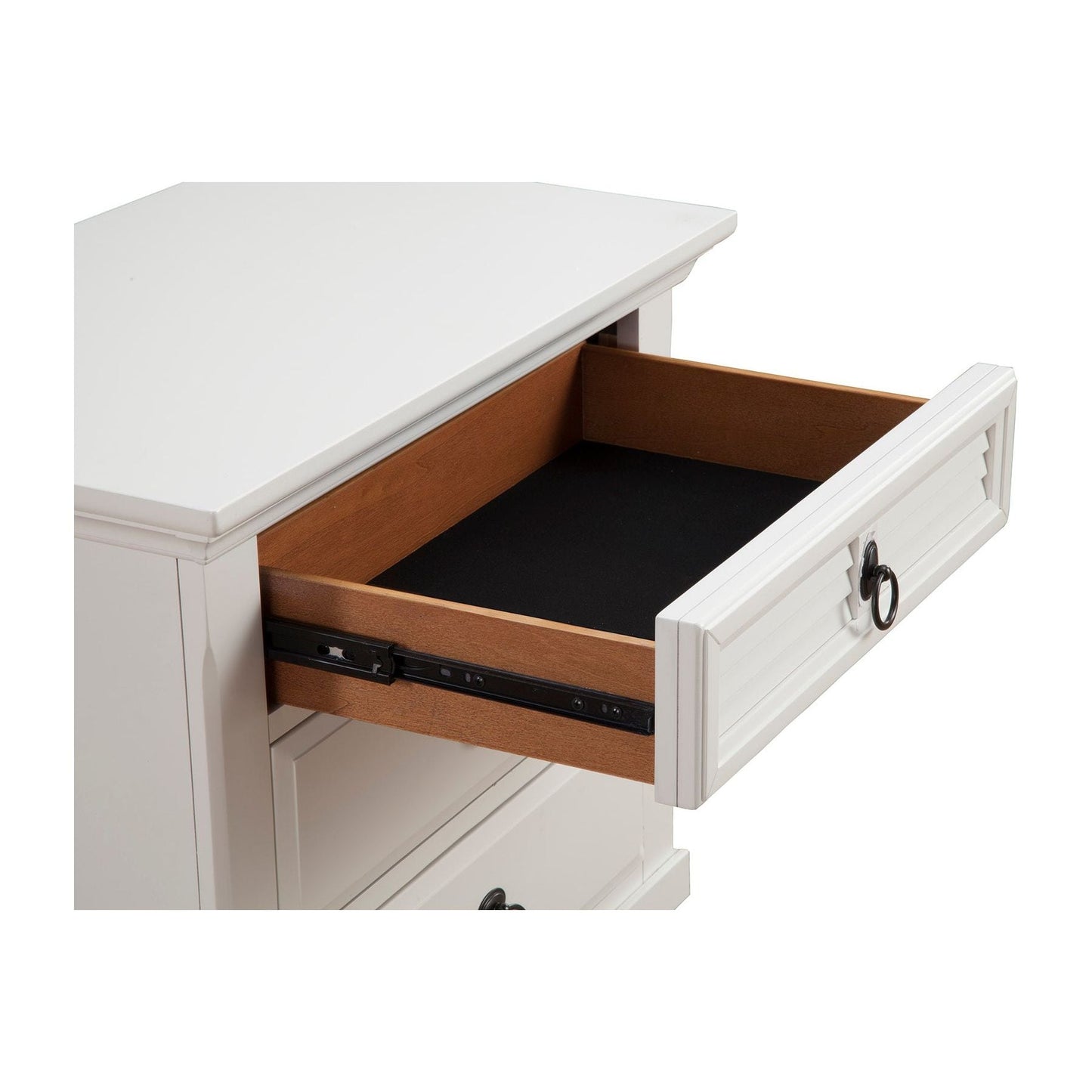 Open drawer of the Winchester Nightstand, showcasing its smooth ball-bearing glides and felt-lined interior.