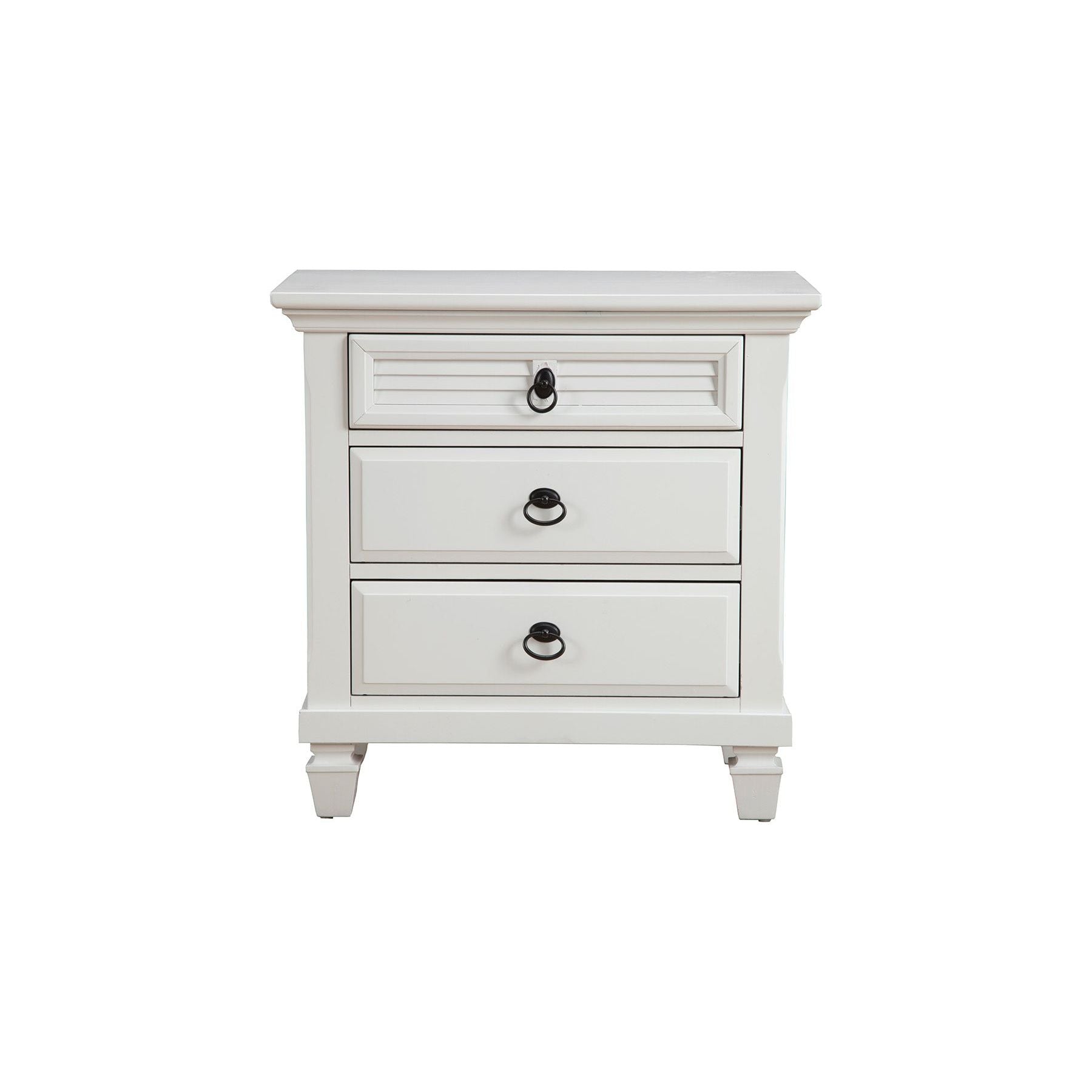 Winchester Nightstand in white with three drawers and classic ring-style handles.