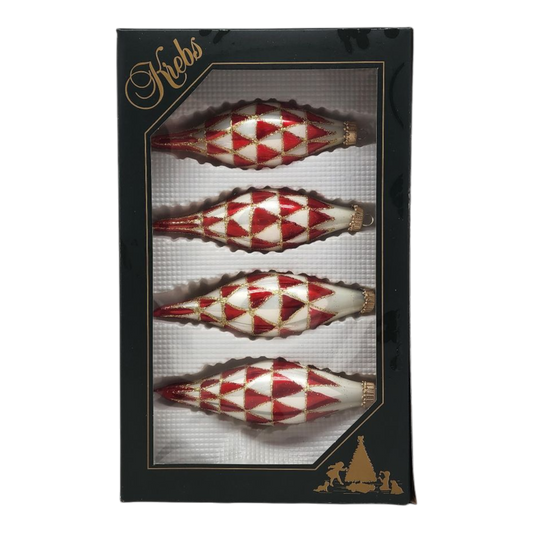 Krebs Value Glass Ornament 4 pack - Red & White Diamond Drop