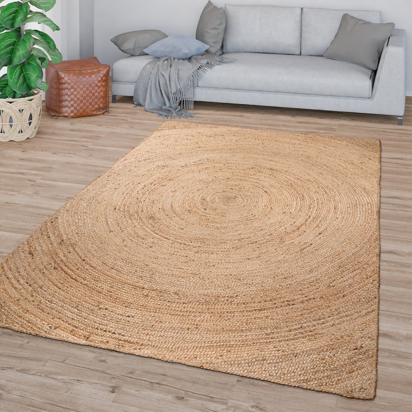 Jute Rug Kaia Hand-Woven with Decorative Circles in Nature Brown