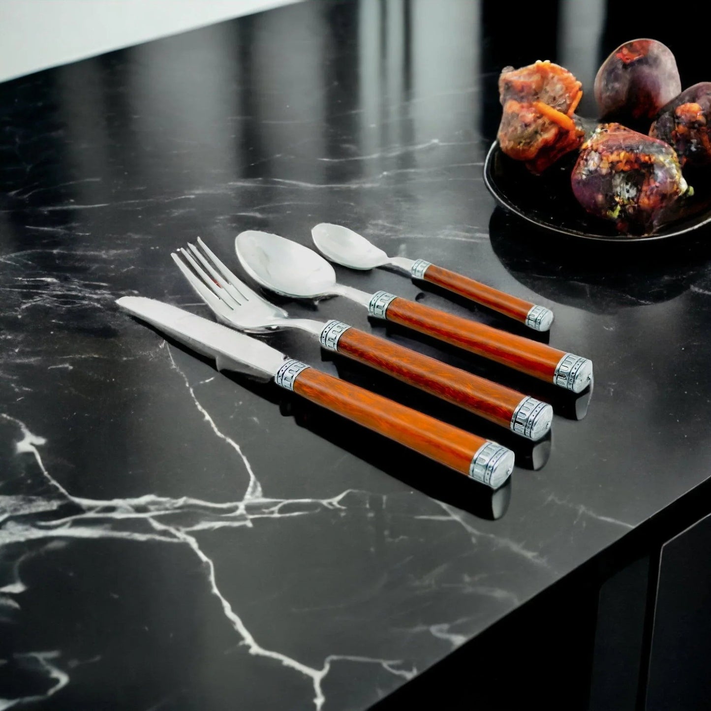 Wood Handle Flatware - 24 Piece Flatware Set for Serving Six