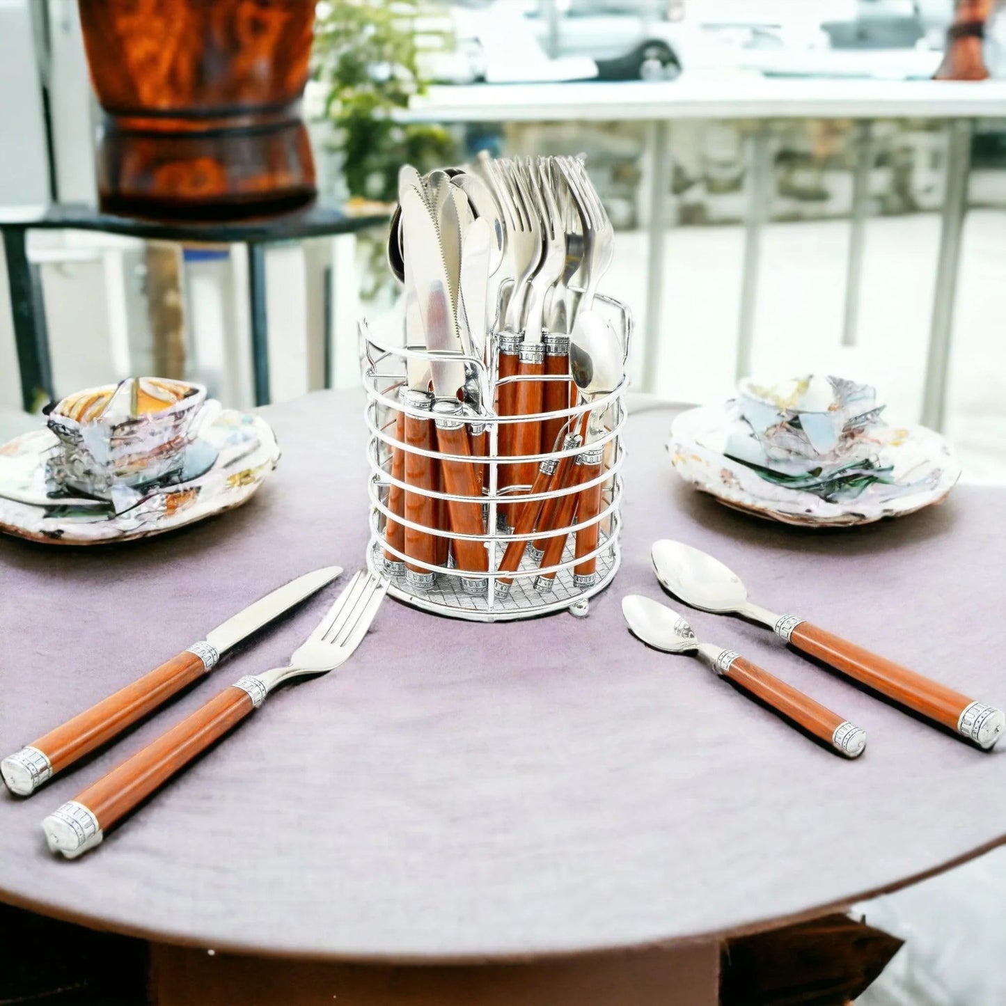 Wood Handle Flatware - 24 Piece Flatware Set for Serving Six