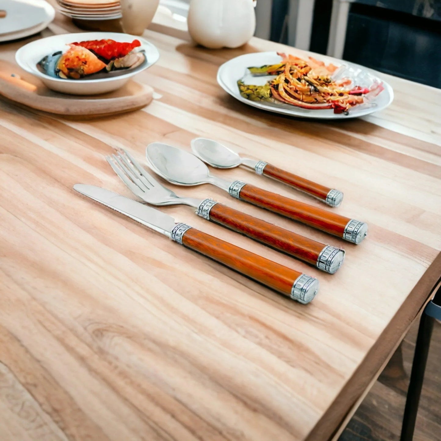 Wood Handle Flatware - 24 Piece Flatware Set for Serving Six