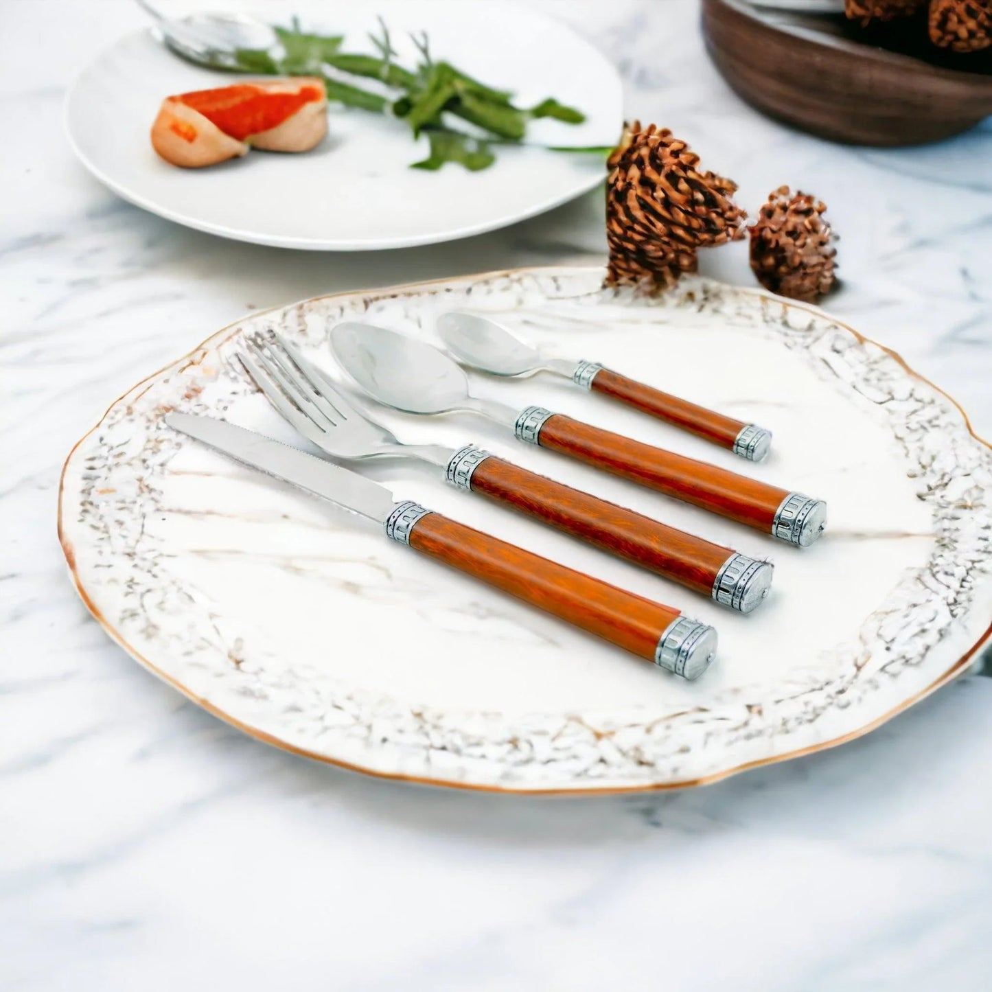 Wood Handle Flatware - 24 Piece Flatware Set for Serving Six