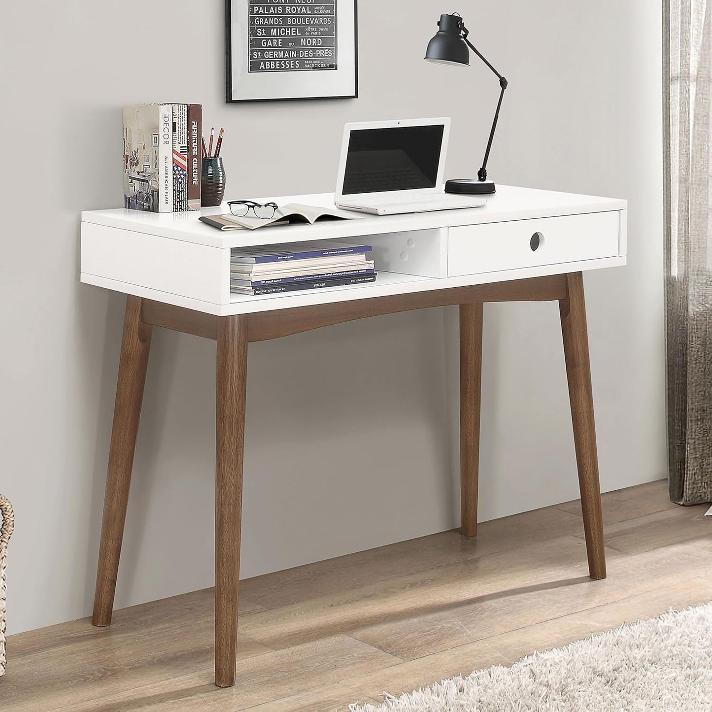 Wood Writing Desk with Drawer Spacious Top and Storage