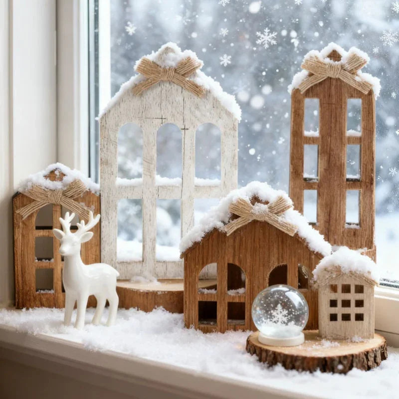 Wooden Christmas Village House with Multi-Tiered Trays 6pcs