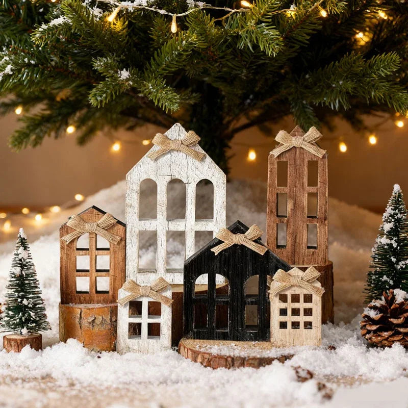Wooden Christmas Village House with Multi-Tiered Trays 6pcs