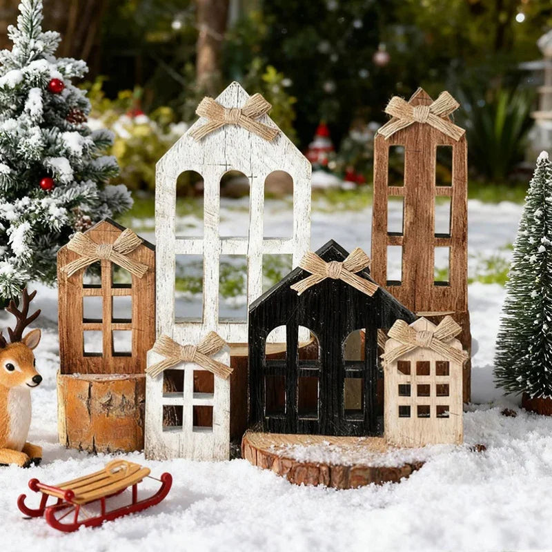 Wooden Christmas Village House with Multi-Tiered Trays 6pcs